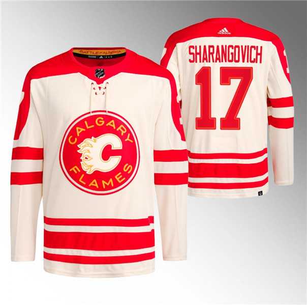 Mens Calgary Flames #17 Yegor Sharangovich 2023 Cream Classic Primegreen Stitched Jersey Dzhi